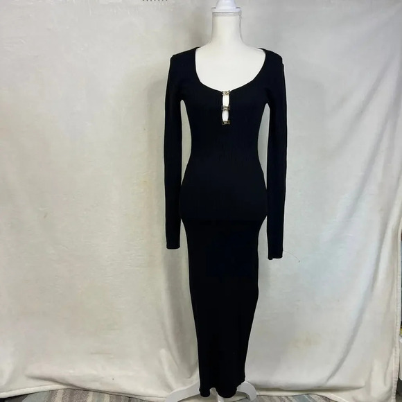 ASOS Design Women's Size 8 Black Ribbed Fitted Long Sleeve‎ Maxi Dress - Picture 1 of 5